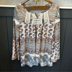 ONE WORLD Blouse Womens 2X Top Paisley Long‎ Sleeve